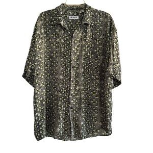 VTG Summa 100% Silk Shirt Button Up Green Geometric Short Sleeve Artsy Earthy L
